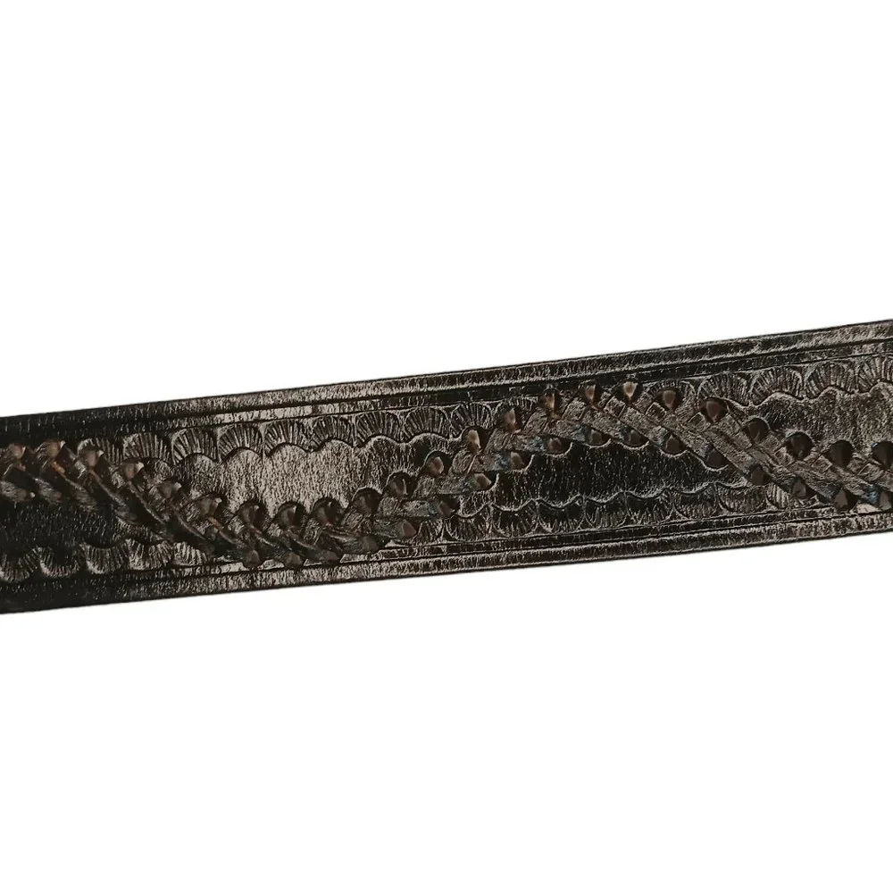 Black Leather Belt Woven Detail Scallop Design Gold Silver Sparkle Buckle